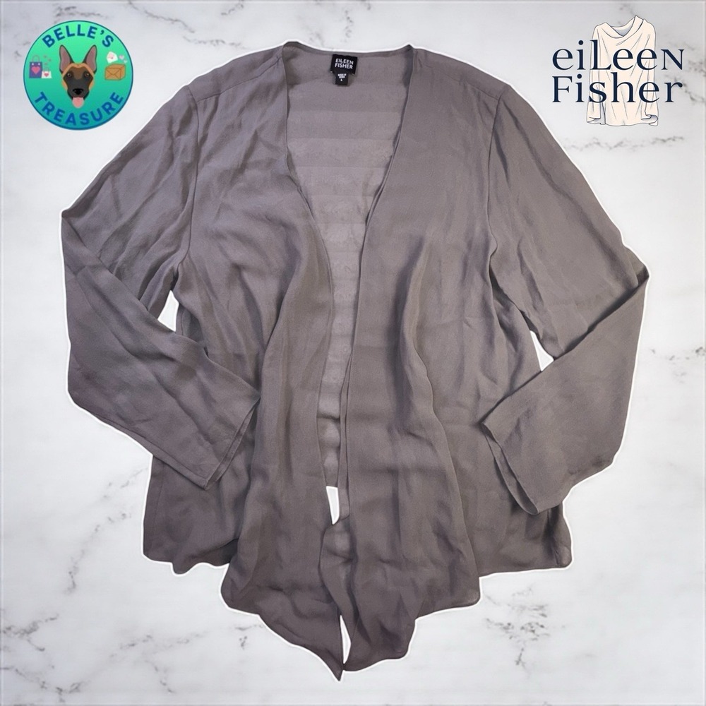 Eileen Fisher Womens Large Open Front Cardigan Gray Silk‎ Formal Gala Banquet